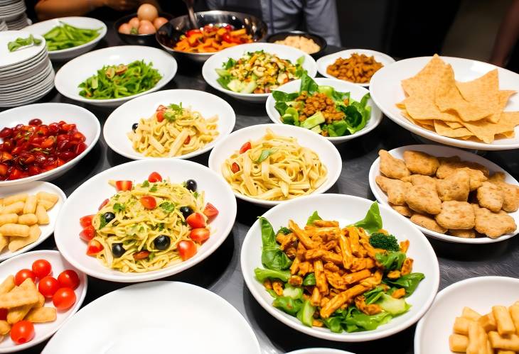 Indulgent Table Filled with Salads, Pasta, and Treats